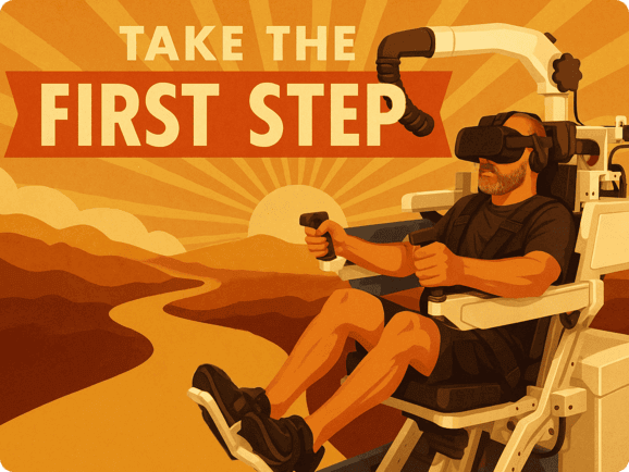 A cartoon of a man riding the simulator during a sunset